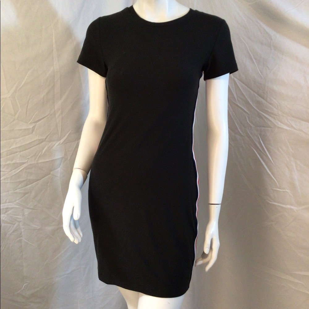 Black mini girls t-shirt dress with red stripe